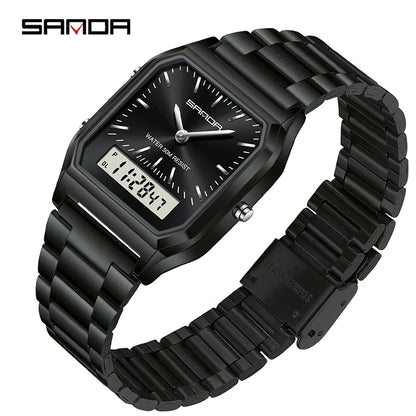 SANDA 747 Men’s & Women’s Luxury Digital Sports Watch  Stainless Steel, LED Dual Display & Waterproof