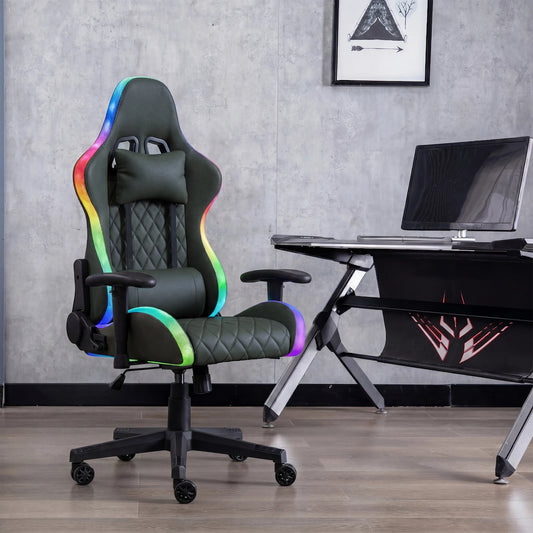 Ergonomic Office Chair with Lumbar Massage, LED RGB Ambient Lighting, and Reclining Backrest, for Home Offices