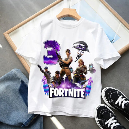 Camiseta infantil de cumpleaños Fortnite con número para niñas y niños, ropa de verano, camiseta de algodón para bebé, tops de manga corta para fiesta, regalo para niños pequeños