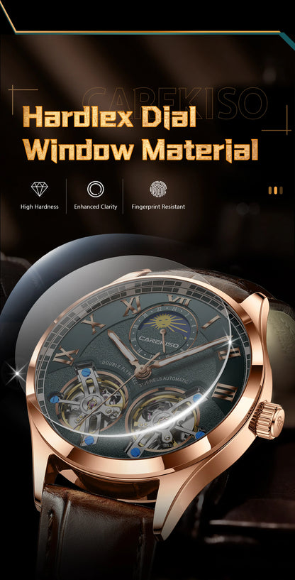 CAREKISO Fashion Men's Clock Double Hollow Tourbillon Automatic Mechanical Man Watch Waterproof Luminous Leather Men's Watches+Box
