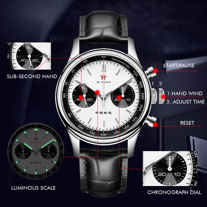 Red Star Panda Men's 1963 Chronograph Mechanical Wristwatch Seagull ST1901 Movement Gooseneck 40mm Luminous Sapphire Pilot Watch