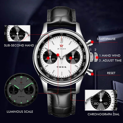 Red Star Panda Men's 1963 Chronograph Mechanical Wristwatch Seagull ST1901 Movement Gooseneck 40mm Luminous Sapphire Pilot Watch