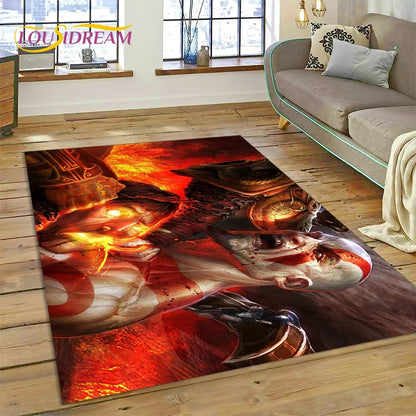 God of War Games Kratos Cartoon 3D Rug Carpet for Living Room Bedroom Home Decor,Floor Mat Non-slip Decoration for Sofa Doormat