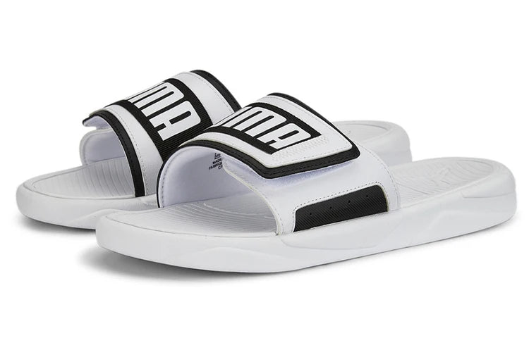Sandales à brides en caoutchouc souple et résistant Puma Royalcat, chaussures, blanc et noir, 386712-02.