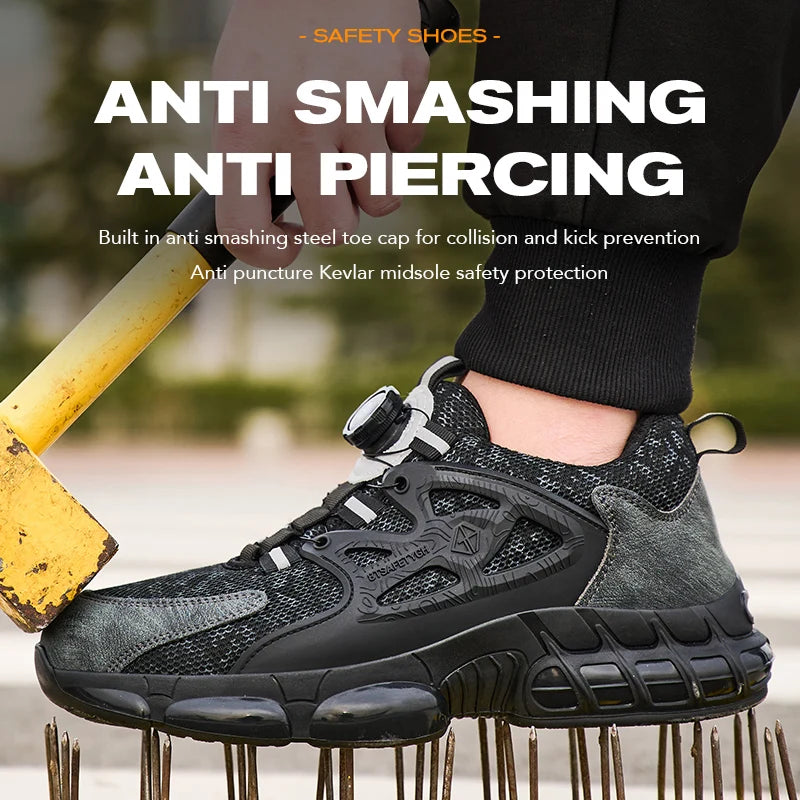 Zapatos de seguridad laboral para hombre talla 47 48 con diseño reflectante, puntera de acero, botón de rotación, zapatillas de trabajo y botas de seguridad protectoras