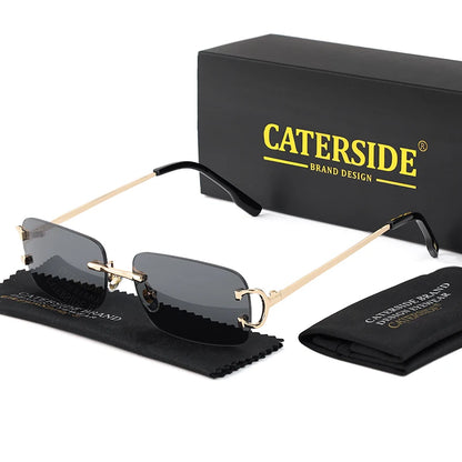 CATERSIDE Blue Rectangular Sunglasses Men Rimless Metal Fashion Square Sun Glasses For Women Gradient Lens Outdoor Eyewear UV400
