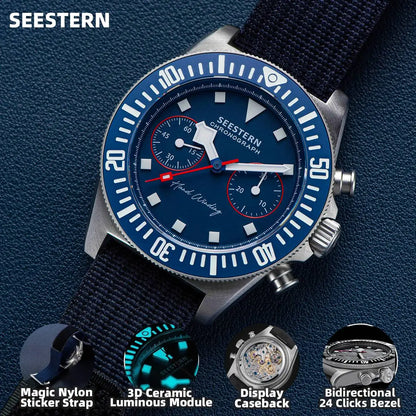 SEESTERN cronógrafo para hombre, reloj mecánico con movimiento Tianjin ST1901, cristal de zafiro, correa de nailon con velcro, esqueleto luminoso