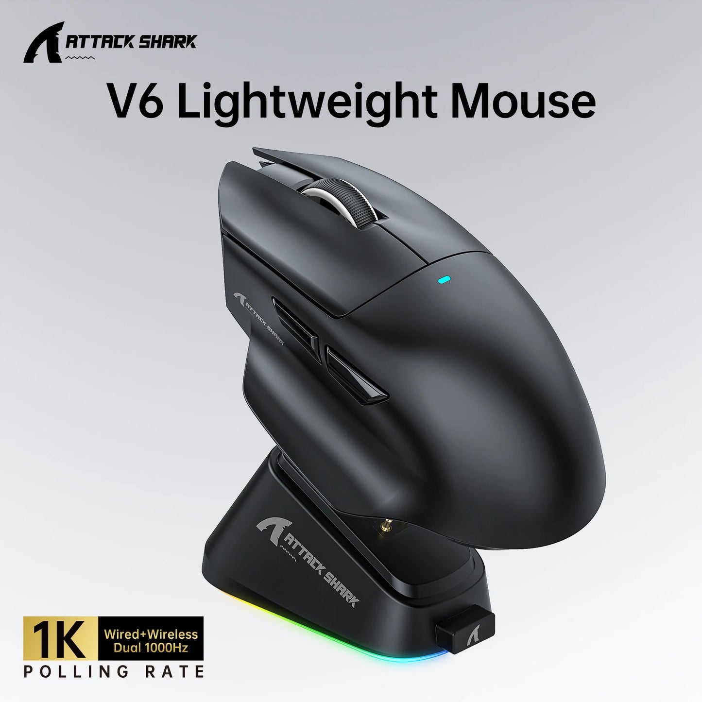 ATTACK SHARK V6 Wireless Gaming Superlight Mouse with RGB Magnetic Charging Dock, PAW3311 Sensor, Macro Gaming Mouse