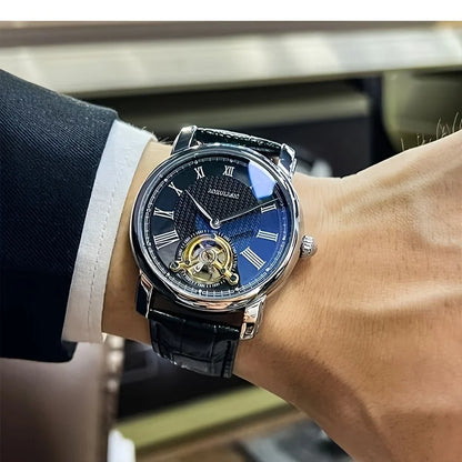 Relógio mecânico automático para homem – Design esqueleto elegante, estilo «business casual» na moda, caixa em liga metálica e bracelete em pele, sem pilha