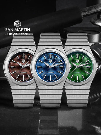 San Martin 39mm Luxury Men Sports Watch Waffle Dial Integrated Bracelet Miyota 90S5 Automatic Mechanical Clear Caseback SN0152