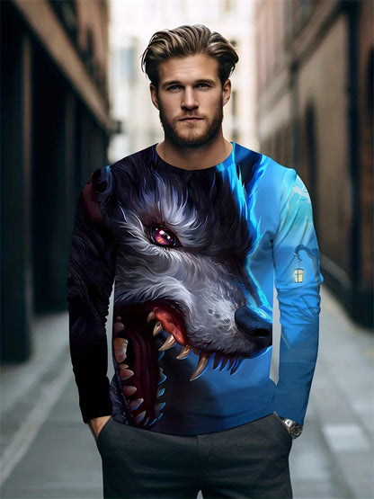 T-shirt de manga comprida para homem com novo estampado de lobo 2024, camisa casual diária de primavera e outono, moda streetwear masculina
