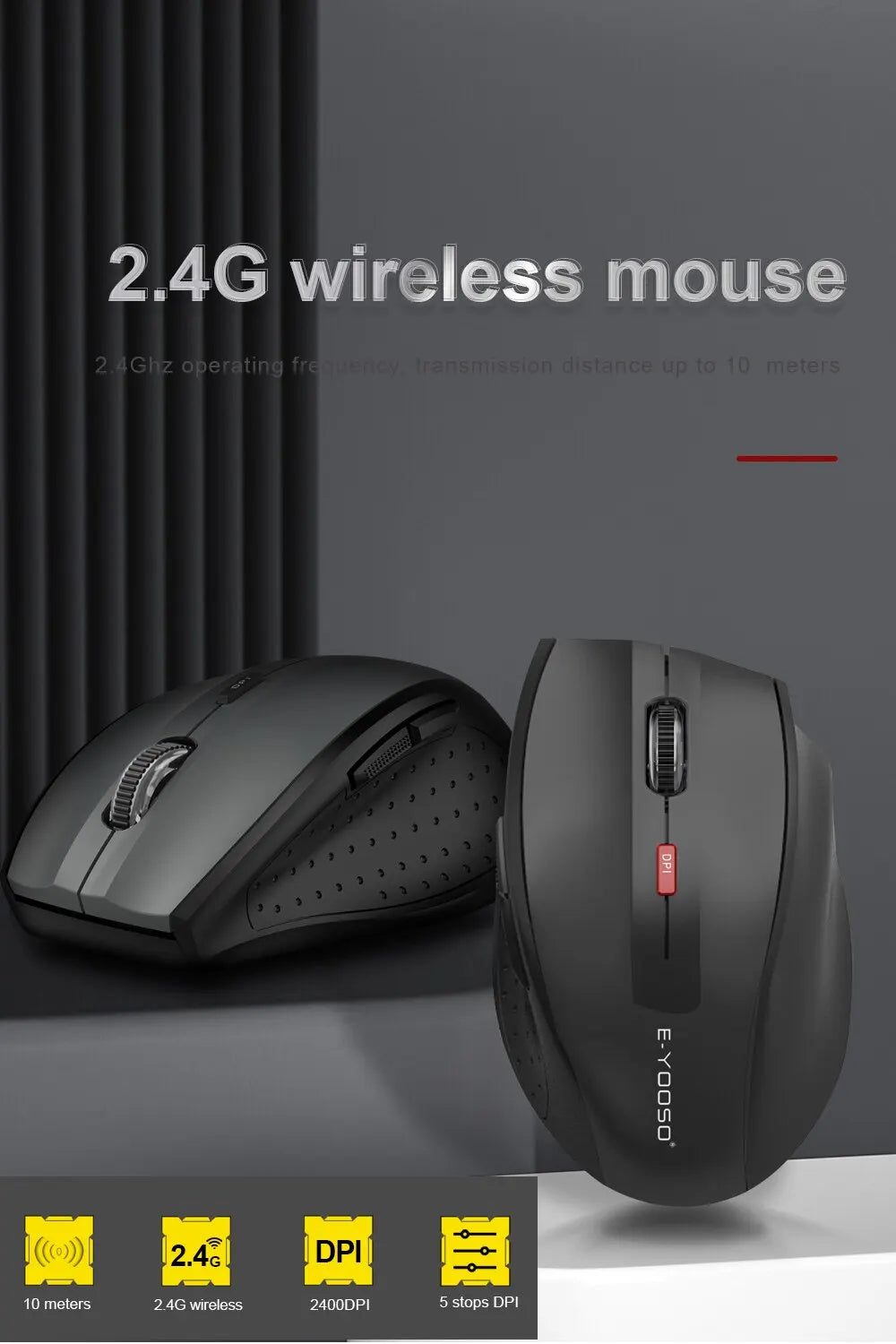 Rato E-YOOSO E-1010 USB 2.4G sem fios para gaming e escritório, 2400 DPI, ótico, ergonómico, para portátil, PC e computador