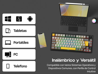 Teclado mecânico ISO-ES EPOMAKER X AJAZZ AK820 PRO 75% com layout espanhol, com fios/2.4GHz/BT, ecrã e botão rotativo para PC/Mac