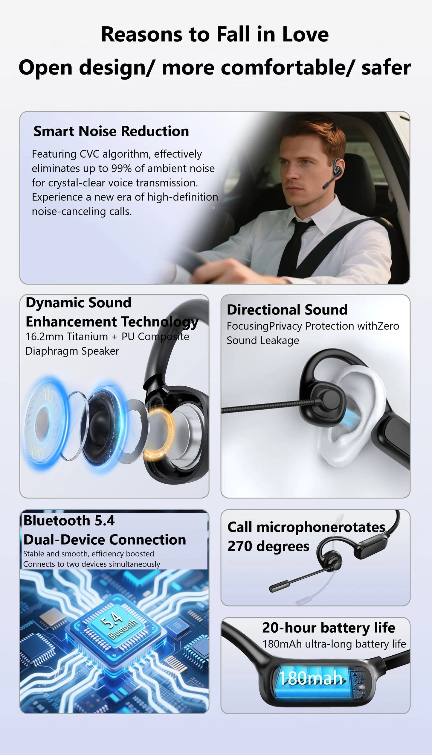 Open-Ear Bluetooth Headset with Noise-Reducing Boom Microphone – Lightweight Wireless Headphones for Office, Call Center & Truck Drivers