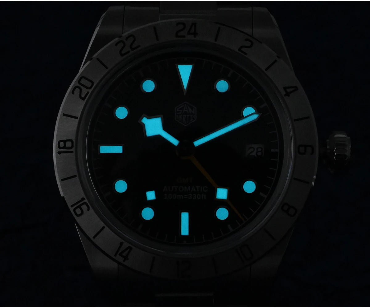 San Martin Neue 39mm NH34 BB GMT Automatikuhr, mechanische Sportuhr, Saphirglas, Leuchtanzeige, wasserdicht bis 100m, für Herren, Relogio SN0054
