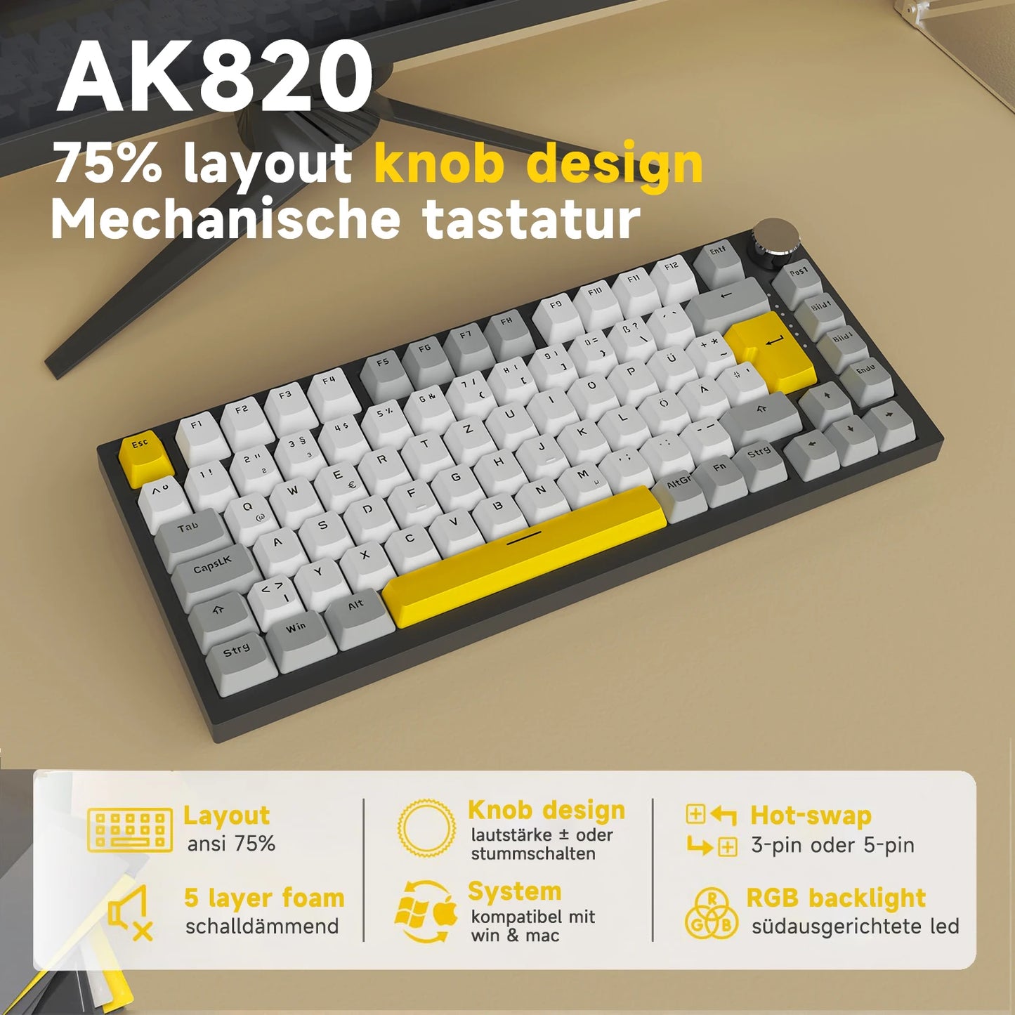 Tastiera meccanica cablata AJAZZ AK820 75%: hot‑swappable, retroilluminazione RGB/bianca/azzurro ghiaccio, controllo con manopola del volume | Per ufficio e gaming