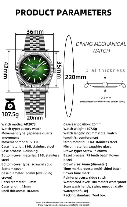 ADDIESDIVE Neue Herrenuhr AD2073, Saphirglas, 36mm, VH31 Sunburst Quarzuhr, 10Bar wasserdichte Taucheruhr, leuchtende Armbanduhr