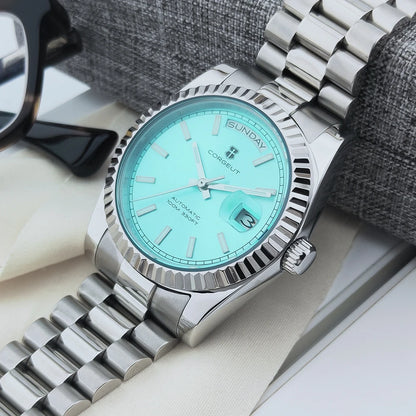 Luxuriöse Corgeut 36MM Herrenuhr ST1644 Automatische mechanische Armbanduhr mit Saphirglas Relogio Masculino 10BAR Day Swim Dress Watch