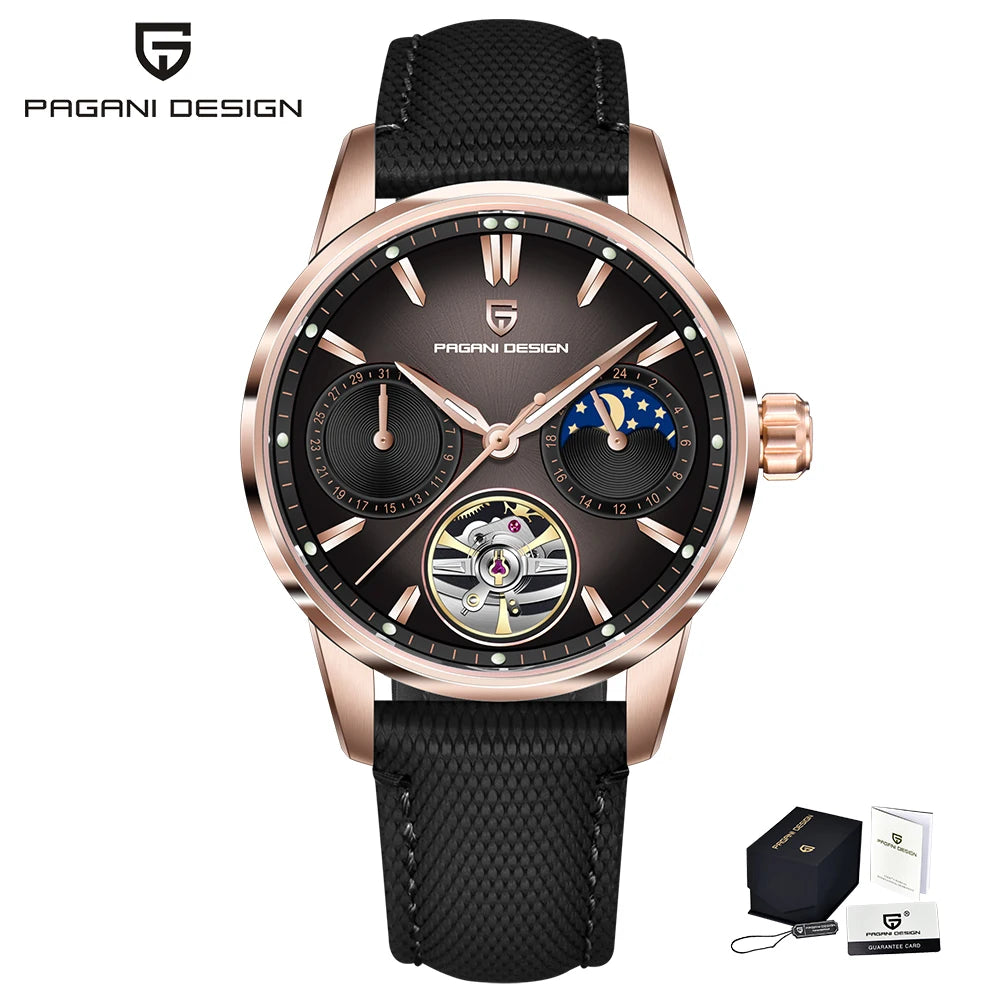 PAGANI DESIGN – Luxusné mechanické pánske hodinky, 41 mm, zafírové sklo, kožený remienok, vodotesné, v štýle pilotných hodín, s tourbillonom a fázou mesiaca
