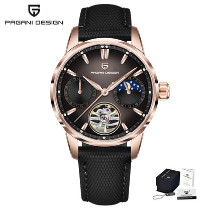PAGANI DESIGN – Luxusné mechanické pánske hodinky, 41 mm, zafírové sklo, kožený remienok, vodotesné, v štýle pilotných hodín, s tourbillonom a fázou mesiaca