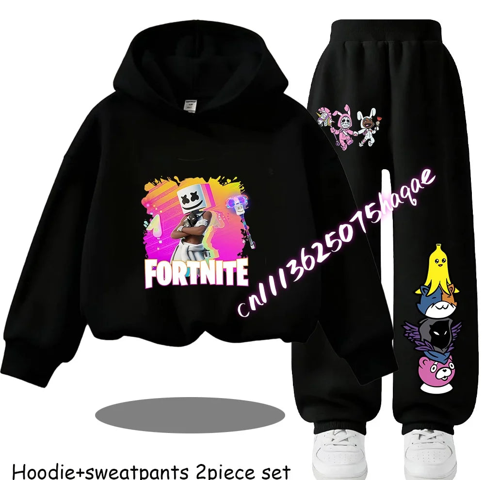 Fortnite Printed Children's Hoodies Cartoon Comfortable 2pcs Suit Loose Long Sleeve Tops with Pant Autumn Winter Clothes Gift