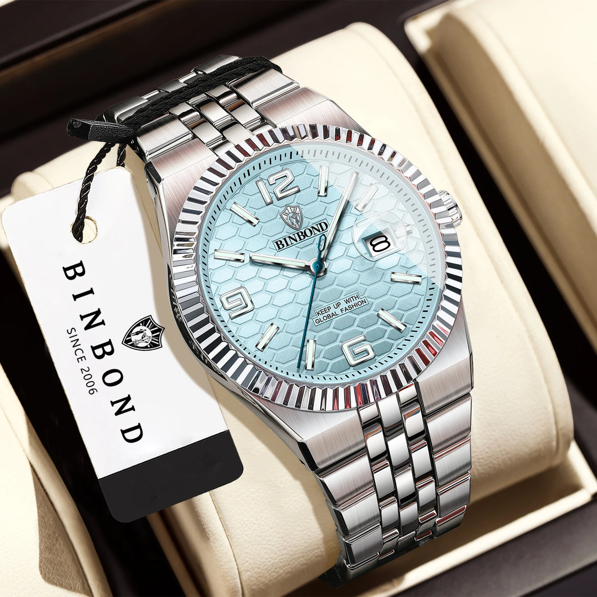 Relógio de pulso de luxo BINBOND com movimento de quartzo, luminoso, estanque, data automática, para homem, em aço, estilo empresarial, desportivo, moderno e casual.