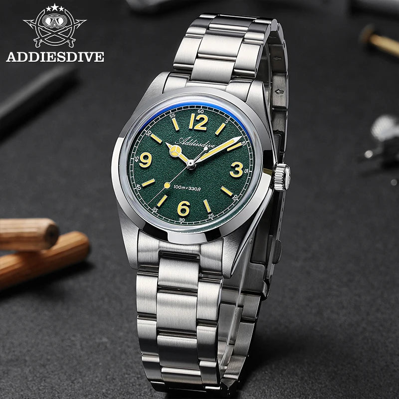 Relógio para homem ADDIESDIVE 36mm em destaque AD2518 com vidro espelhado convexo, aço inoxidável 316L, Reloj Hombre, 100m à prova de água, quartzo