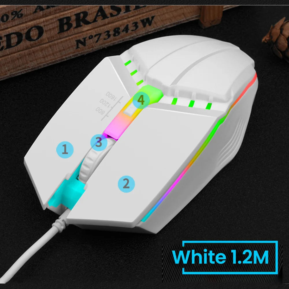 Ratón gaming USB con cable RGB retroiluminado, botón de silencio, LED luminoso y 1600DPI para PC de escritorio, portátil, ordenador, hogar y oficina
