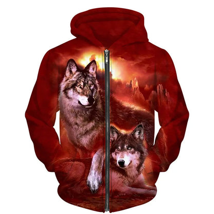 Sweat à capuz com fecho e estampado 3D de lobo, estilo streetwear, para homem/mulher, casaco com capuz unissexo casual hip-hop