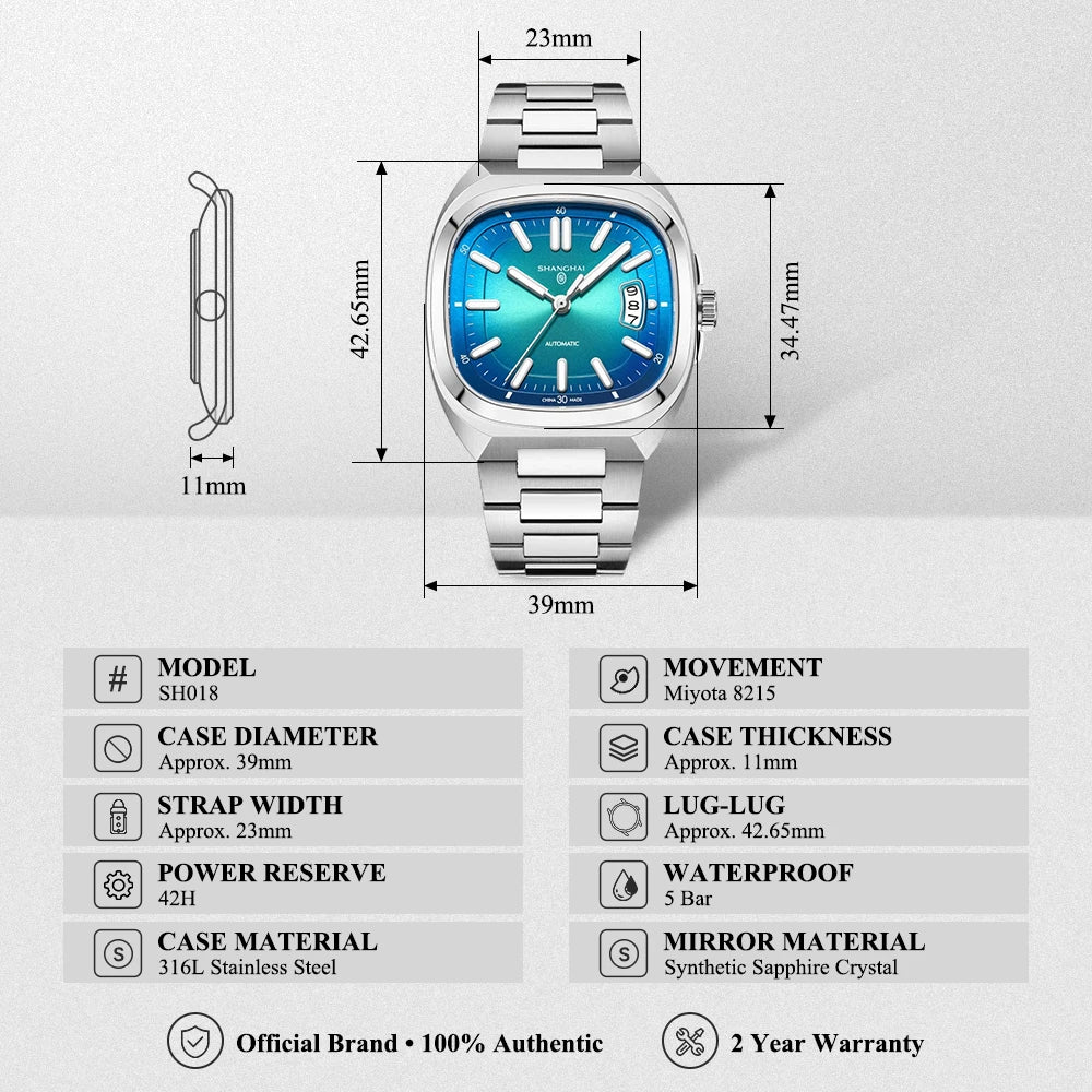 Shanghai Watch Automatic Mechanical Square Dial Men's Watch Luminous Water-Resistant to 50m Date Display Casual Wristwatch SH018