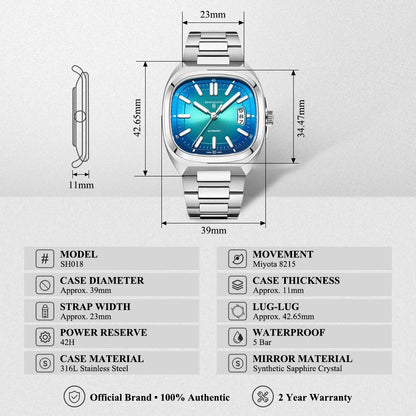 Shanghai Watch Automatic Mechanical Square Dial Men's Watch Luminous Water-Resistant to 50m Date Display Casual Wristwatch SH018