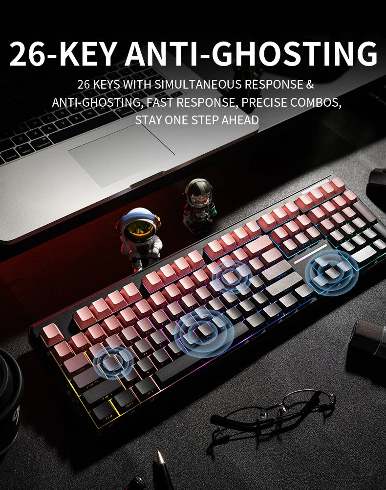 V108 Pro Bluetooth-Tastatur Büro, geräuscharm, 2.4G kabelgebunden & kabellos, vollständiges Layout mit RGB-beleuchteter Membran