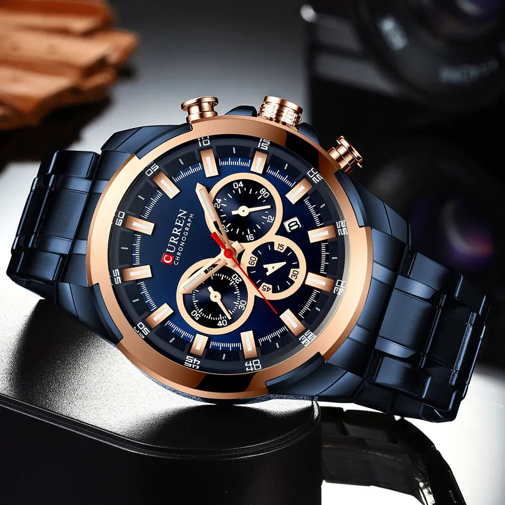 CURREN férfi kronográf óra, 48 mm-es nagy számlap, rozsdamentes acél karkötő, három kis számlap, kvarc sportkaróra, luxus stílus