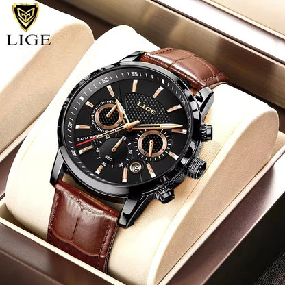 2025 New Men's Watches LIGE Top Brand Luxury Leather Casual Quartz Watch Men's Sport Waterproof Clock Watch Relogio Masculino+Box