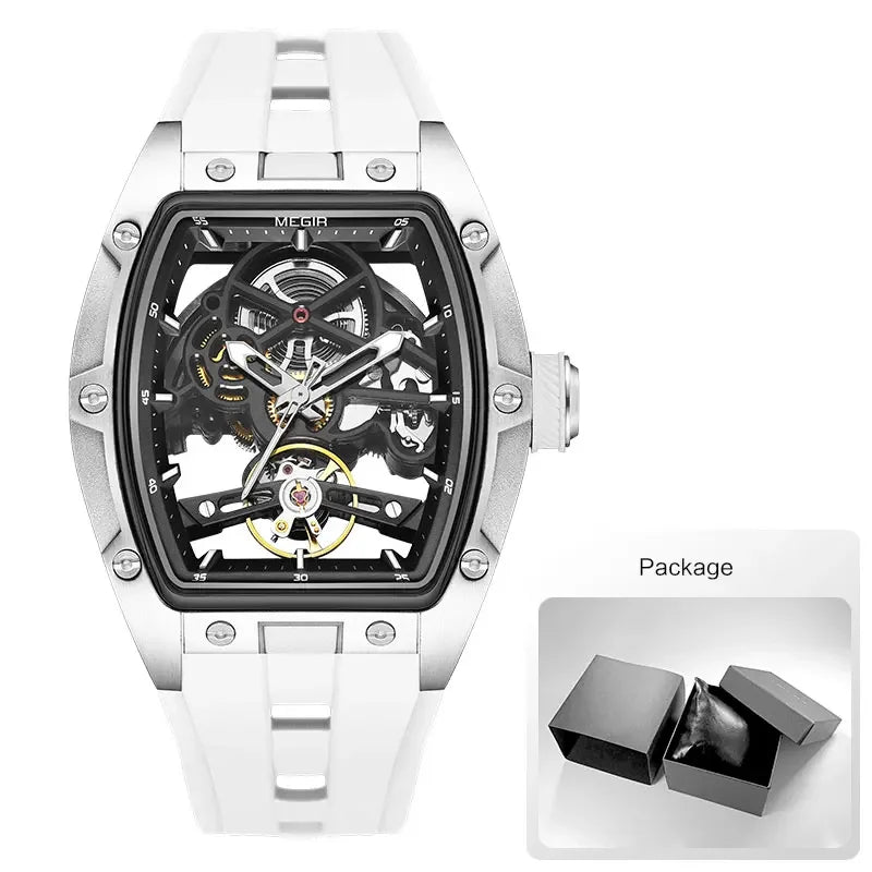 Relógio de pulso automático MEGIR para homem, com bracelete em silicone preto, impermeável, luminoso, desportivo e mecânico, com mostrador tonneau 2242