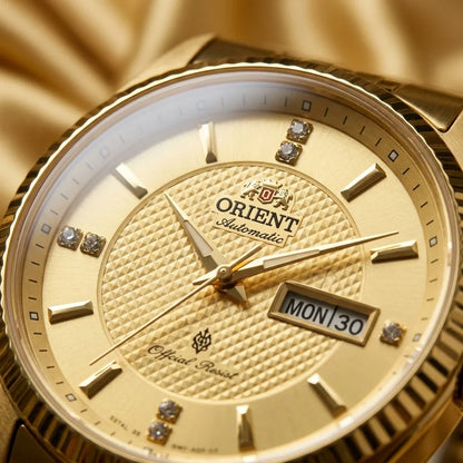 Pánske mechanické hodinky Orient s automatickým náťahom, s dvojitým kalendárom (dátum a deň v týždni), kryštálovými indexmi a náramkom z nehrdzavejúcej ocele – náramkové hodinky v profesionálnom štýle