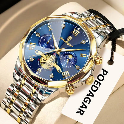 Original luxury POEDAGAR men’s watch, water-resistant, luminous chronograph, stainless steel quartz wristwatch, high-end men’s watches