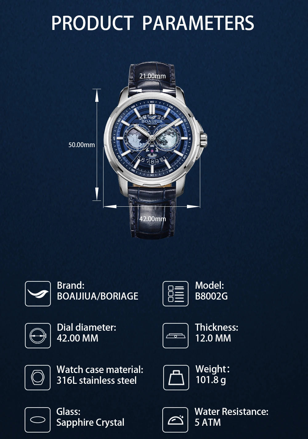 Reloj mecánico automático para hombre BORIAGE (BOAIJIUA), diseño original, resistente al agua, luminoso