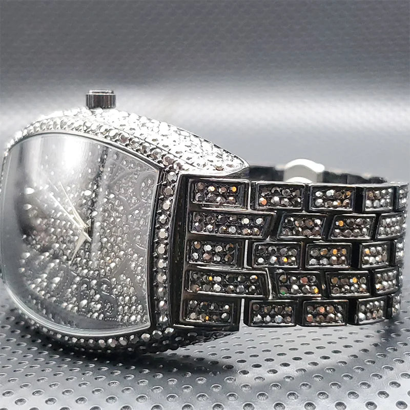 Stainless Steel Men's Watches Luxury Diamond Silver Iced Out Quartz Watch Top Brand 30M Waterproof Big Dial Tonneau Reloj Hombre
