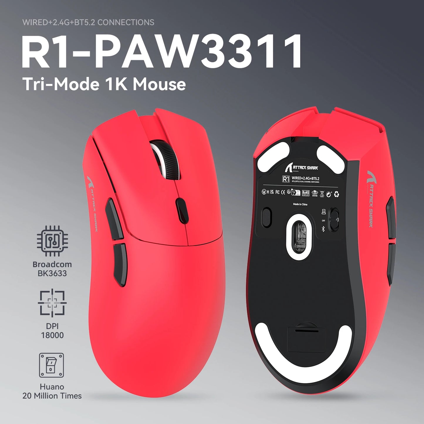 ATTACK SHARK R1 Tri-Mode-Gaming-Maus, PixArt PAW3311 Sensor, 18000 DPI, 1000hz, 59g ultraleicht für große Hände, für PC/Mac