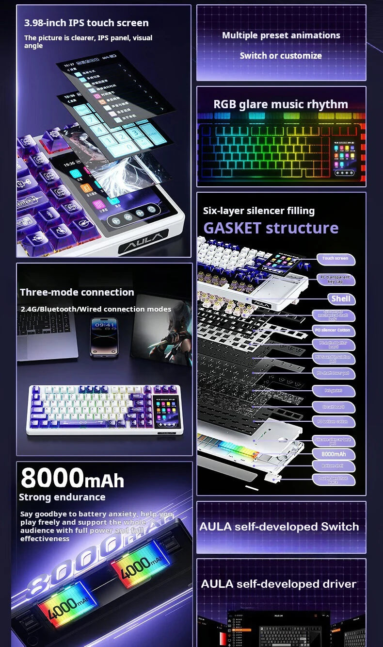AULA L99 intelligente mechanische Tastatur mit Display, Bluetooth, kabellos, Tri-Mode, Nacht-Gaming-Laptop-Tastatur, 8000mAh, Raindrop Switch