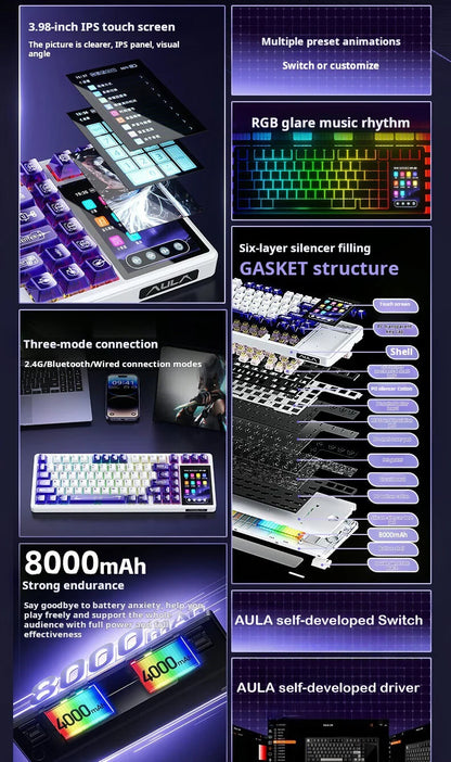 AULA L99 intelligente mechanische Tastatur mit Display, Bluetooth, kabellos, Tri-Mode, Nacht-Gaming-Laptop-Tastatur, 8000mAh, Raindrop Switch