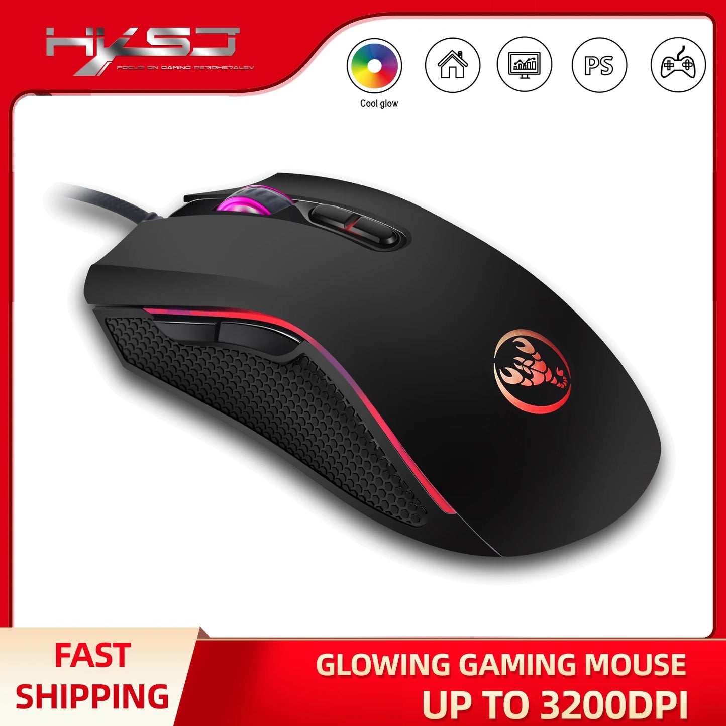 Escolha popular HXSJ A869 rato gaming com fio ótico ergonómico RGB em ABS, ajuste de resolução em 4 níveis para portátil e PC