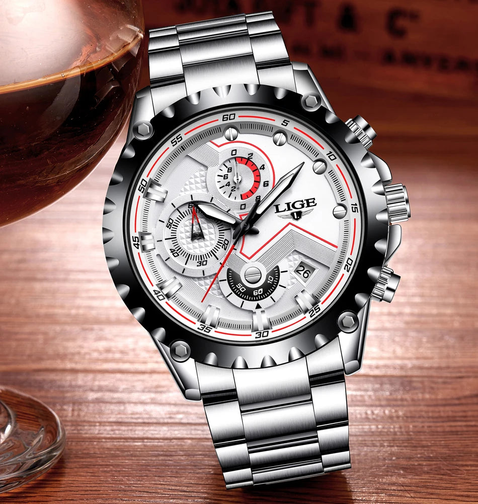LIGE Men’s Watch – Trendy quartz watch, luxury brand, all-steel, professional style, water-resistant and sporty – Supplied with box