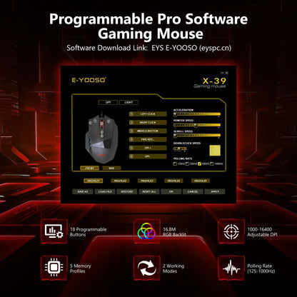 E-YOOSO X-39 programmierbare Gaming-Maus, kabelgebundene RGB-Maus mit 18 Tasten, 8 herausnehmbaren Gewichten, 5 DPI-Stufen, ergonomischem Griff für Computer