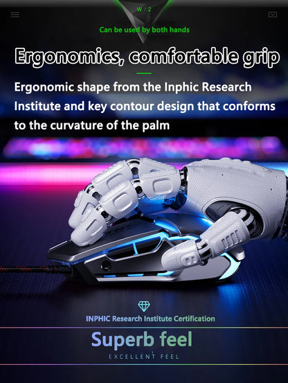 Inphic W2 2. Generation USB-kabelgebundene Gaming-Maus mit Silent Click, Metall-Style, 6-Tasten-Makroprogrammierung, 8800DPI