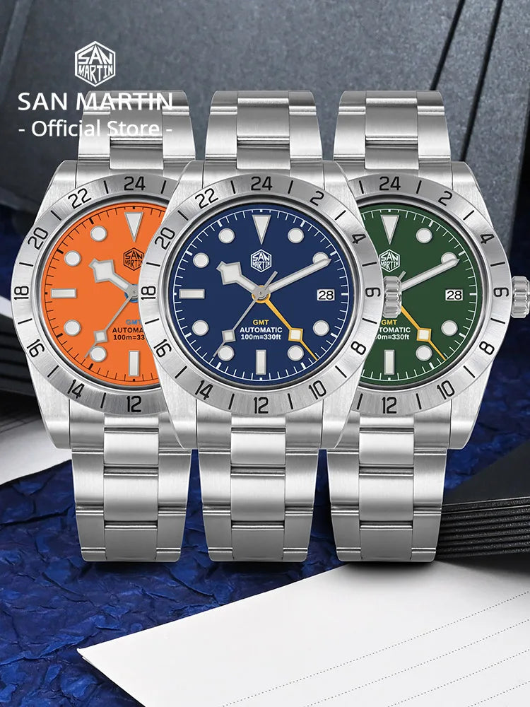 San Martin Neue 39mm NH34 BB GMT Automatikuhr, mechanische Sportuhr, Saphirglas, Leuchtanzeige, wasserdicht bis 100m, für Herren, Relogio SN0054