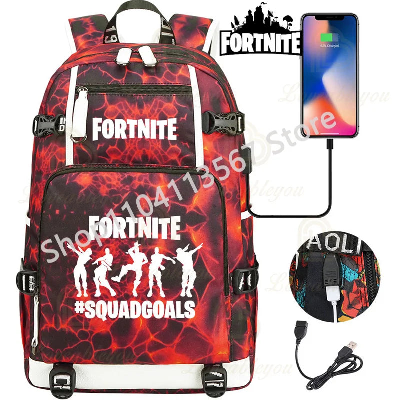 Mochila Yule Trooper F-Fortnited Battle Royale com carregamento USB, figuras anime e compartimento para material escolar para estudantes