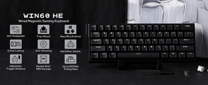 Teclado mecânico com fios AULA WIN60 HE/WIN60 HE MAX 60%, estrutura Tray-Mount, Hot-Swap e interruptores magnéticos de efeito Hall