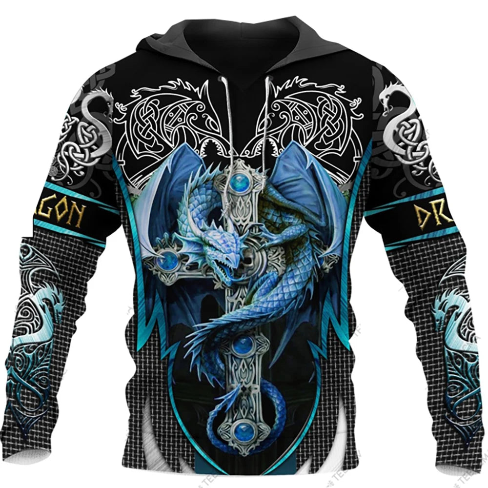Sweatshirt com capuz para homem, unissexo, de manga comprida, outono/inverno, com estampado 3D de dragão e estilo tatuagem, pullover streetwear casual tipo fato de treino